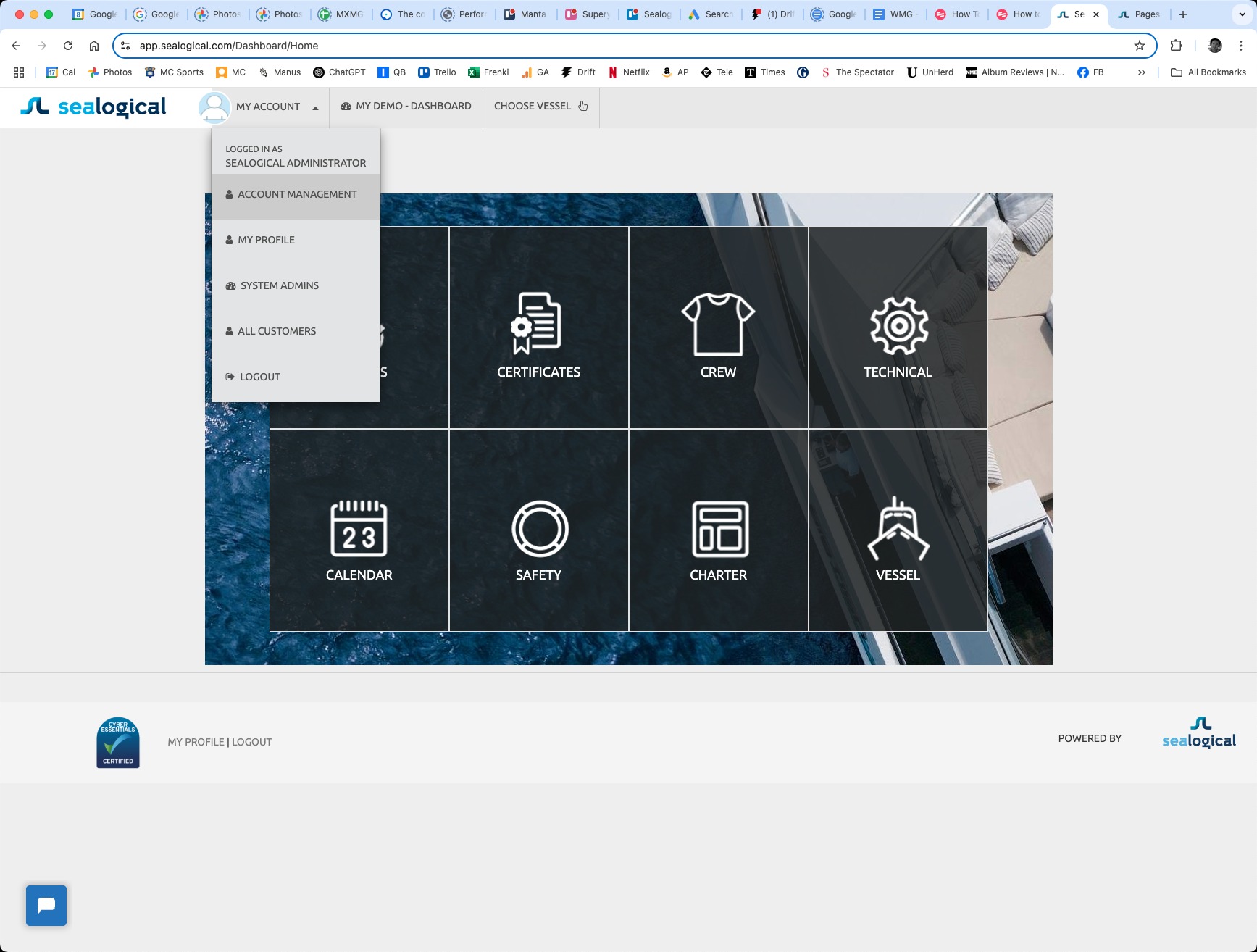 Sealogical dashboard with the MY ACCOUNT dropdown open, showing the Account Management option highlighted.