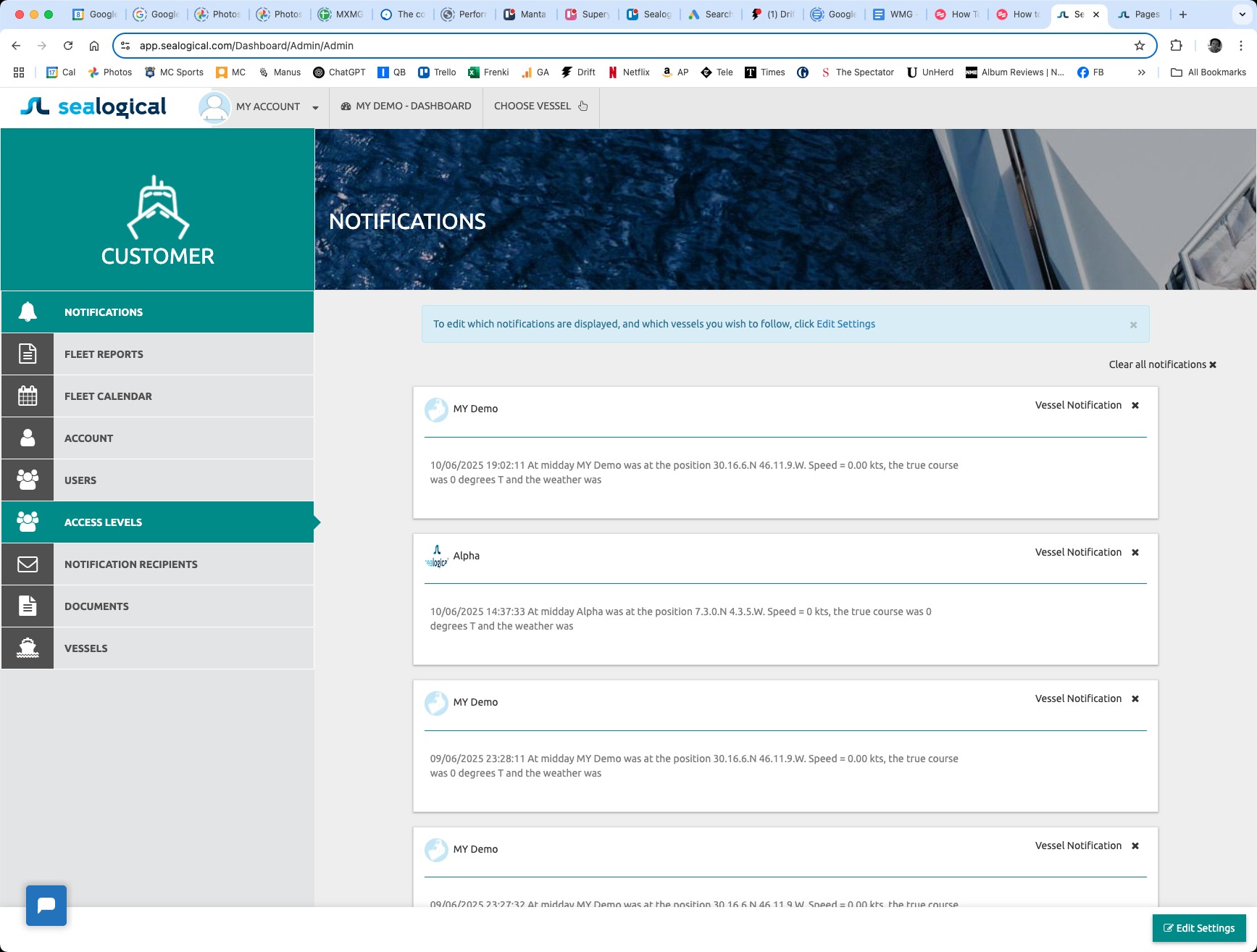 Customer sidebar in Sealogical with the ACCESS LEVELS tab visible alongside Notifications, Fleet Reports, Account, Users, and other admin sections.