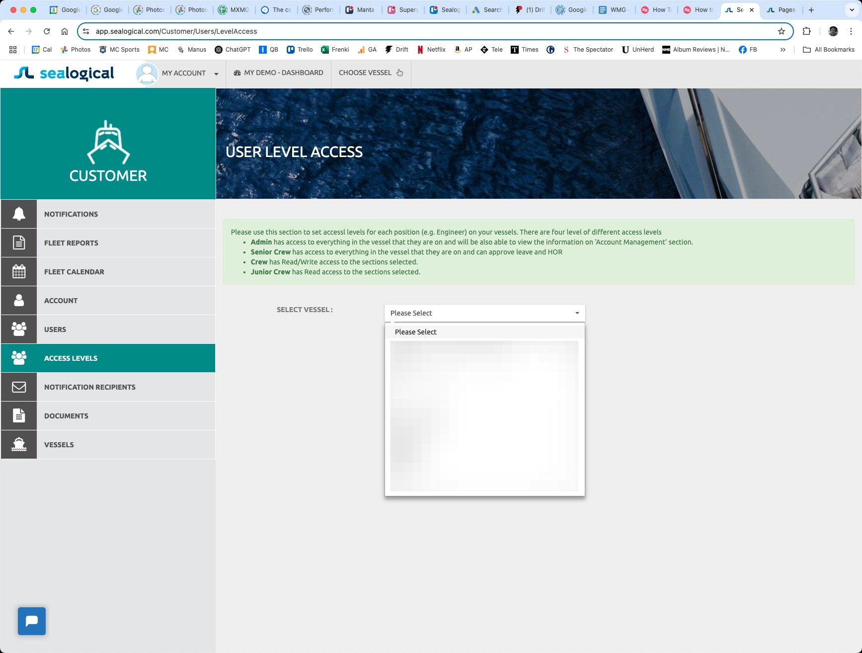 User Level Access page showing the green explanation panel for the four access tiers and the SELECT VESSEL dropdown opened.
