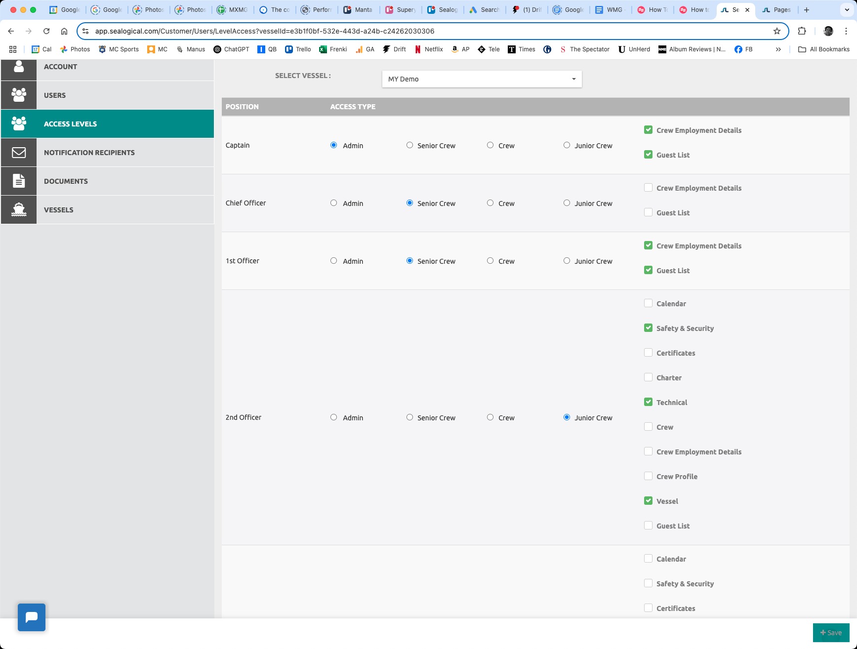 Access Levels page with multiple sections ticked for the 2nd Officer and the Save button visible at the bottom-right of the screen.