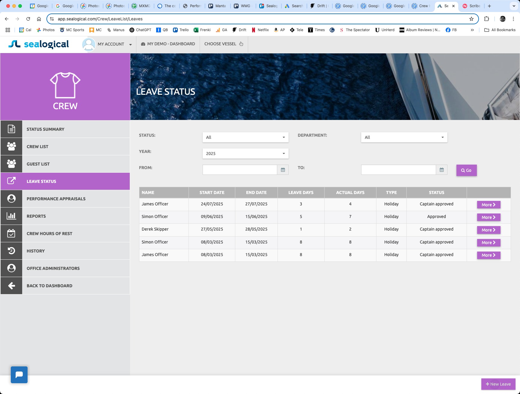 Leave Status page showing a filterable table of existing leave requests with columns for Name, Start Date, End Date, Leave Days, Actual Days, Type and Status. The + New Leave button is at the bottom-right of the page.