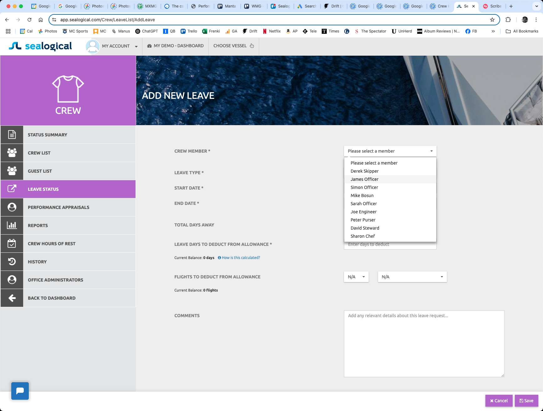 Add New Leave form with the Crew Member dropdown opened and a list of crew members visible — Derek Skipper, James Officer (highlighted), Simon Officer, Mike Bosun, Sarah Officer, Joe Engineer, Peter Purser, David Steward, Sharon Chef.