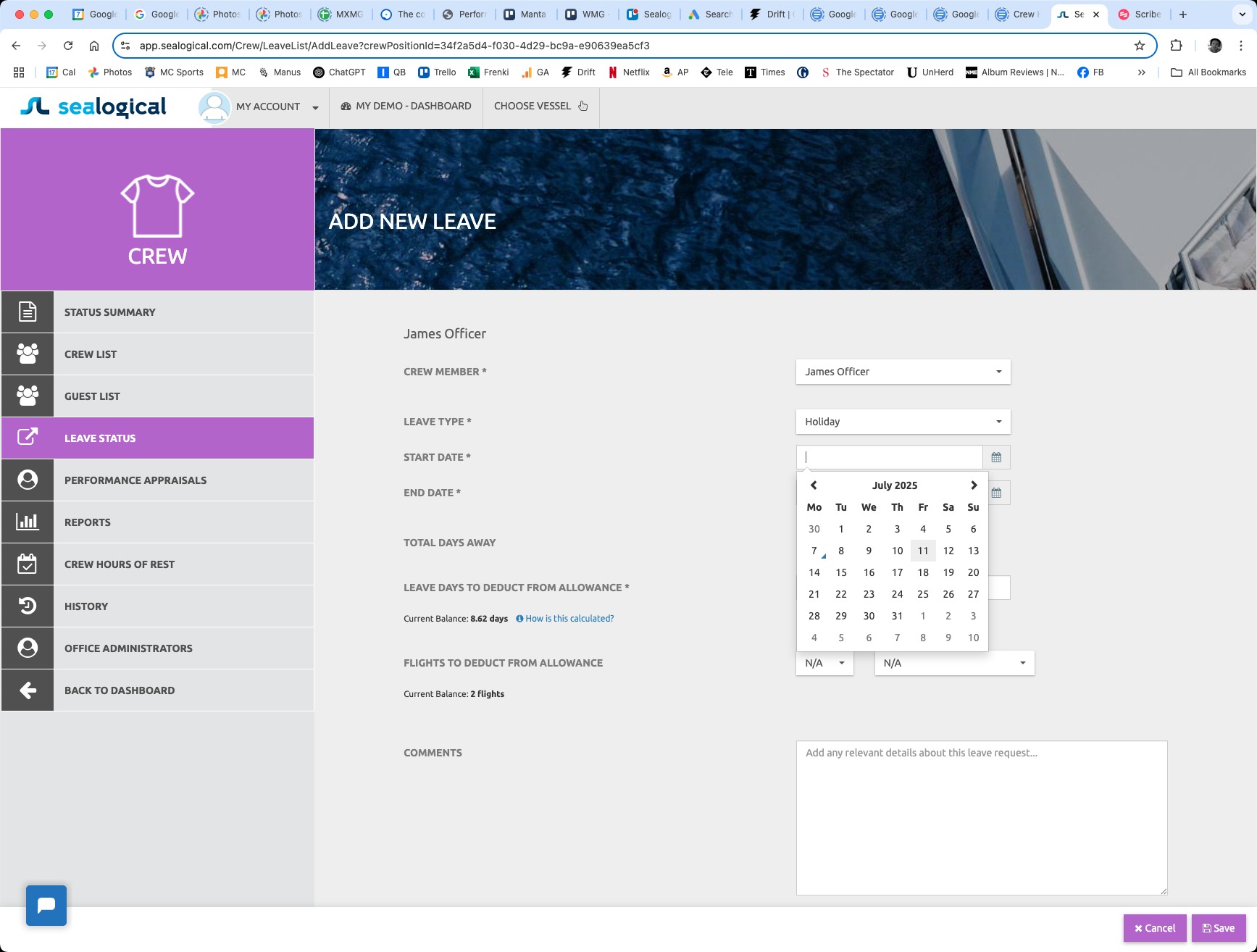 Date picker calendar opened next to the Start Date field showing July 2025 with weekday columns Mo to Su and the 11th highlighted as the day being selected.