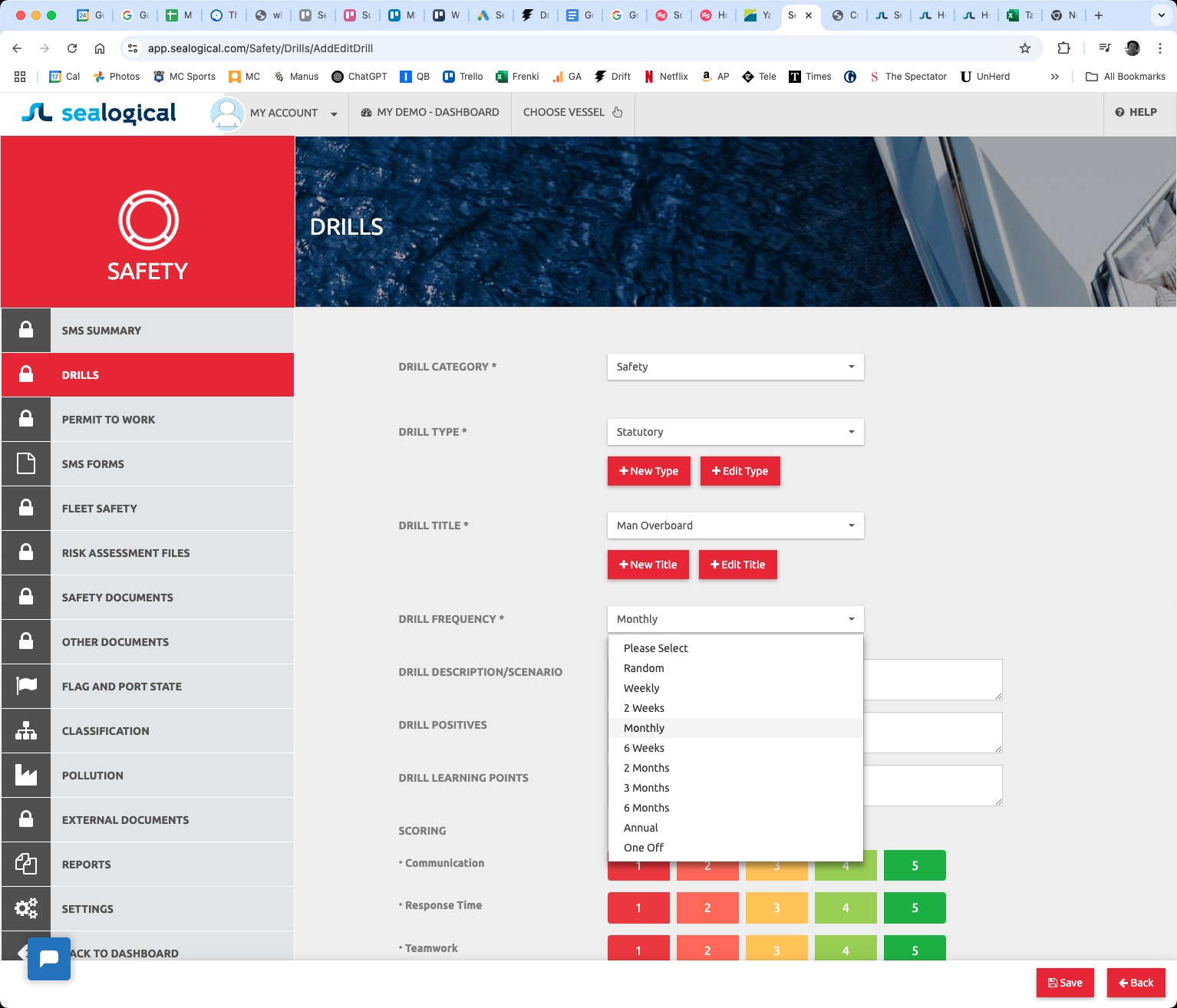 Drill Frequency dropdown opened showing options Please Select, Random, Weekly, 2 Weeks, Monthly, 6 Weeks, 2 Months, 3 Months, 6 Months, Annual, One Off — with the Title field above showing Man Overboard already selected.