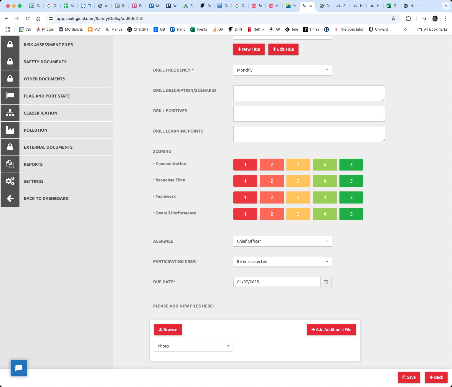 Scoring section of the drill form showing four rows — Communication, Response Time, Teamwork and Overall Performance — each with five coloured score buttons running from red (1) to green (5).