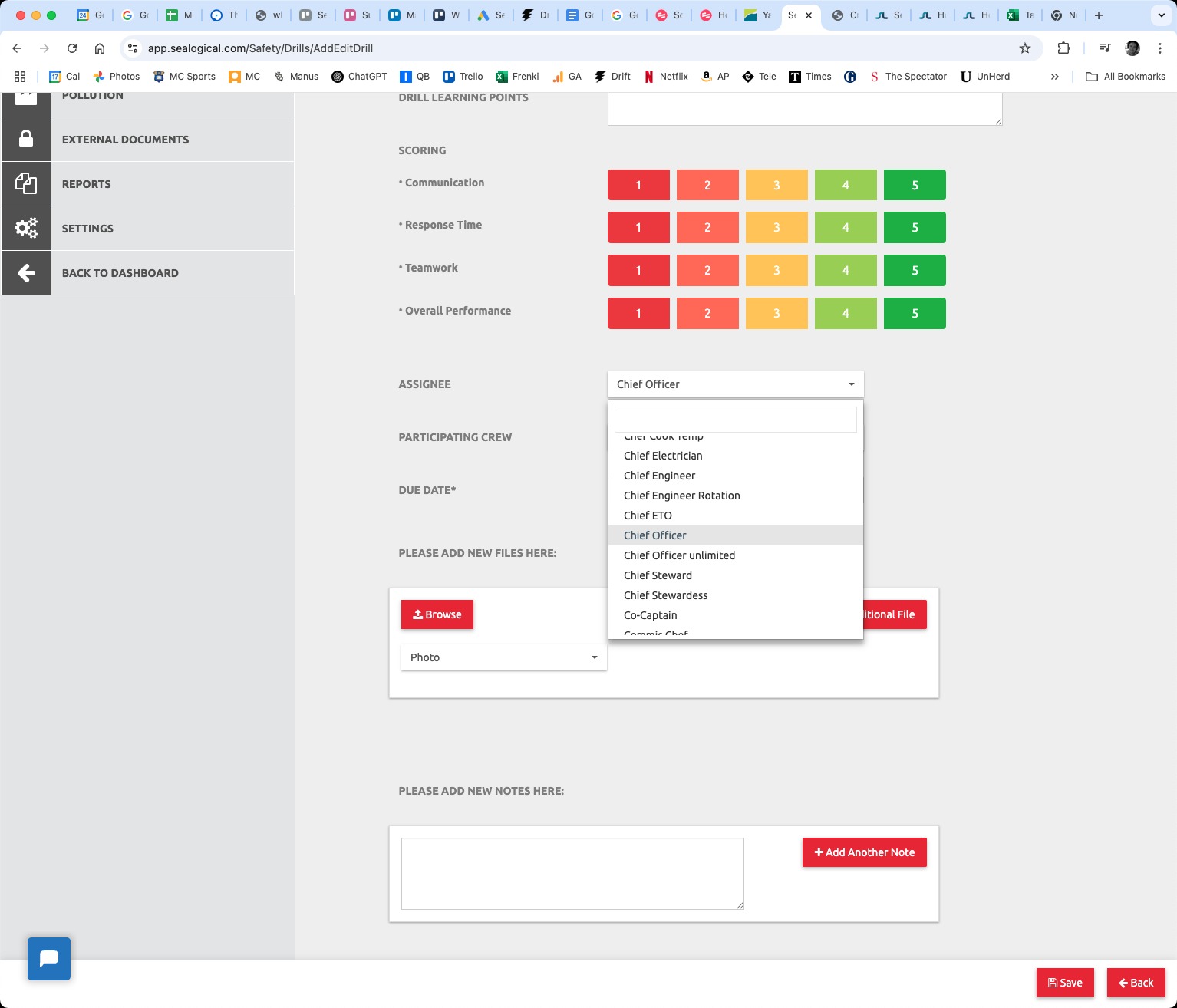Assignee dropdown opened showing a search field and a scrollable list of crew positions including Chief Cook Temp, Chief Electrician, Chief Engineer, Chief Engineer Rotation, Chief ETO, Chief Officer (highlighted), Chief Officer unlimited, Chief Steward, Chief Stewardess and Co-Captain.