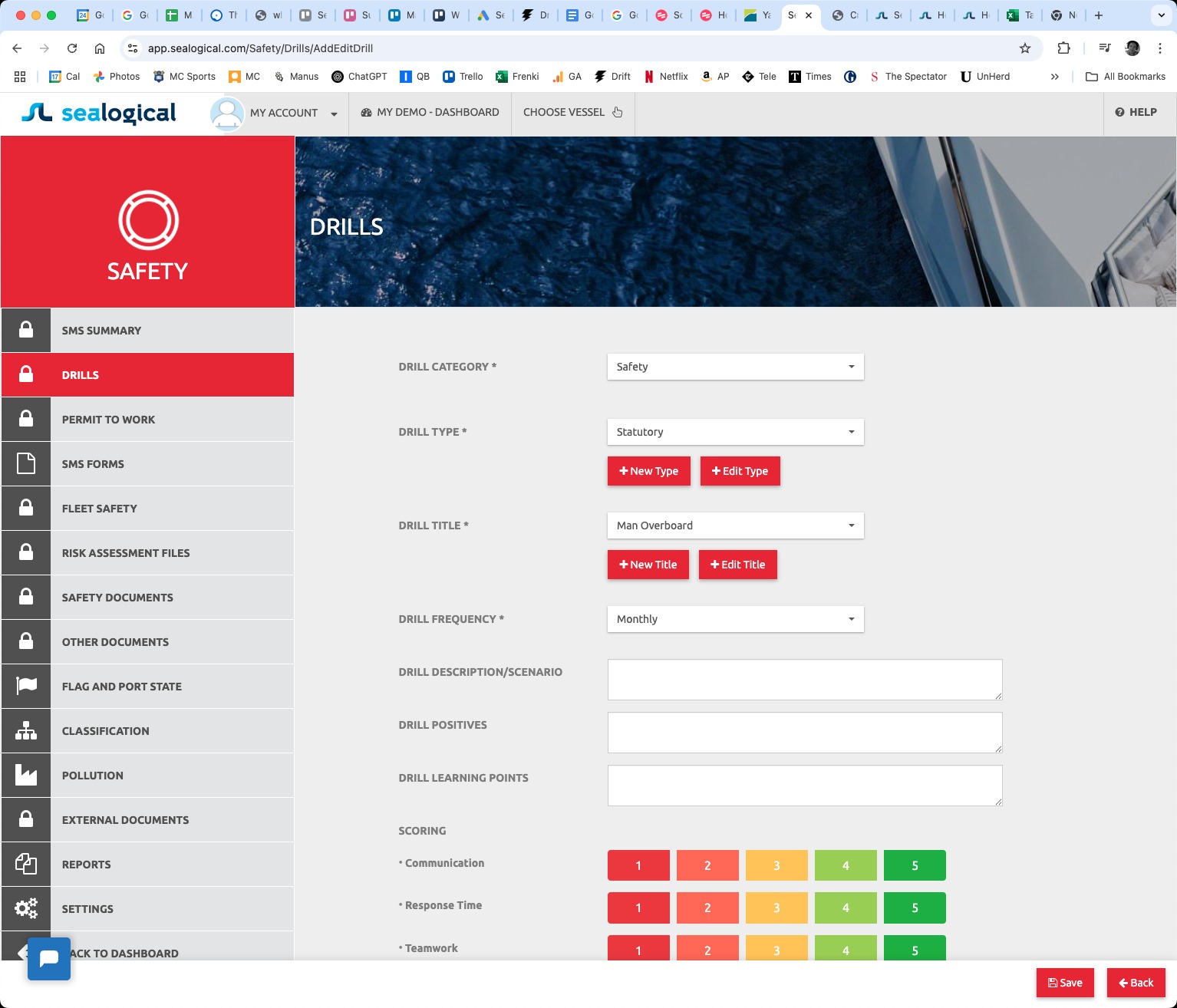 Bottom of the drill form showing the file-upload section with Browse and Add Additional File buttons, the notes section, and the Save and Back buttons in the bottom-right corner.