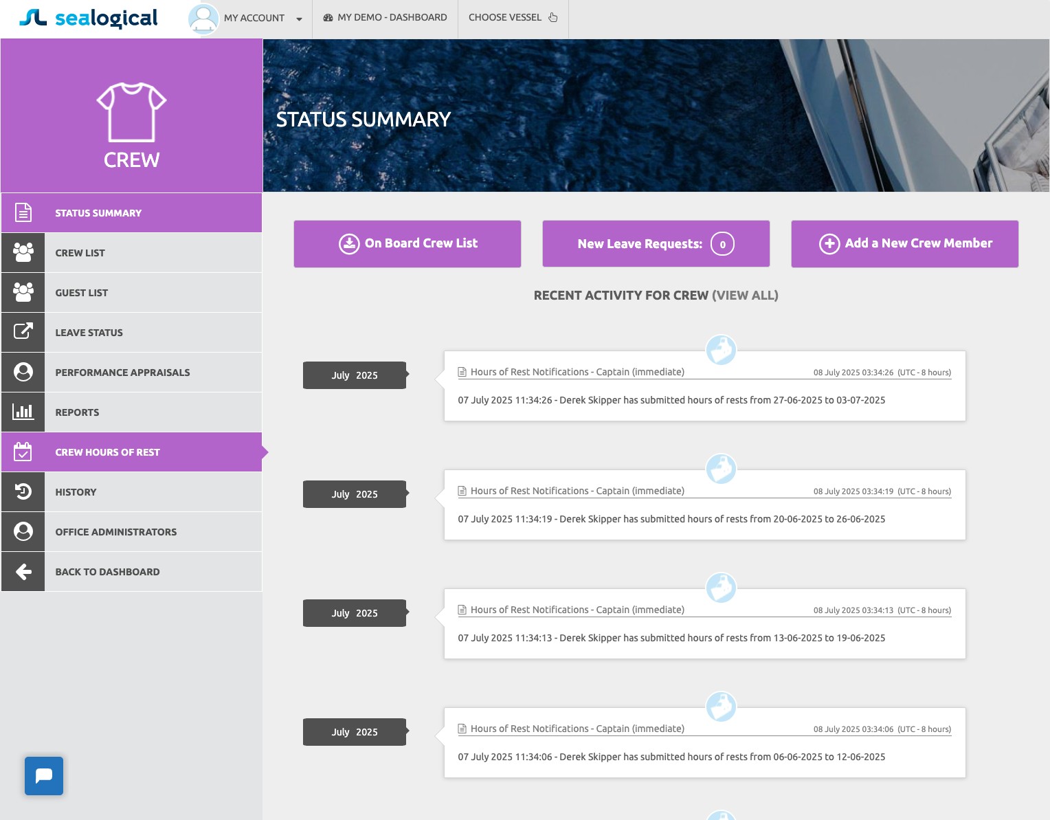 Crew sidebar in Sealogical with CREW HOURS OF REST highlighted in purple, alongside Status Summary, Crew List, Guest List, Leave Status, Performance Appraisals, Reports and History.