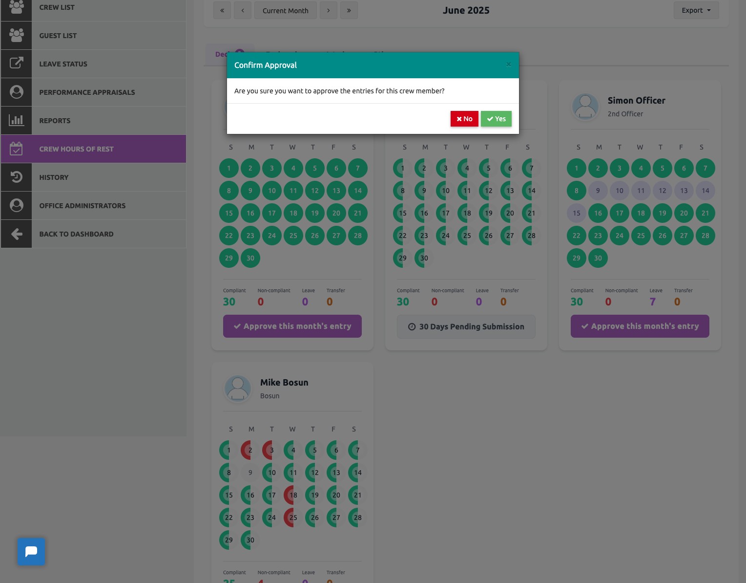 Confirm Approval modal asking 'Are you sure you want to approve the entries for this crew member?' with red No and green Yes buttons.
