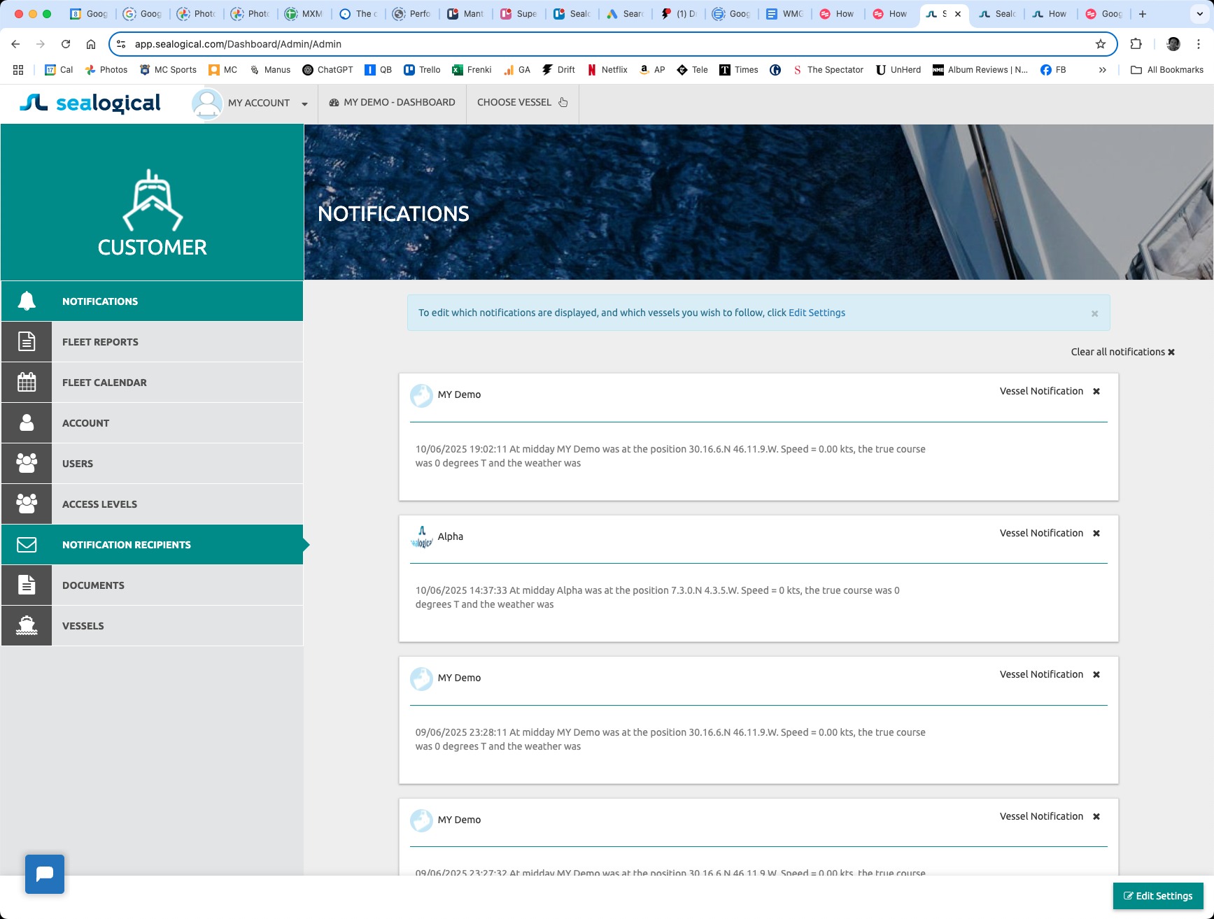 Customer sidebar in Sealogical with the NOTIFICATION RECIPIENTS tab visible alongside Notifications, Fleet Reports, Account, Users, Access Levels and other admin sections.