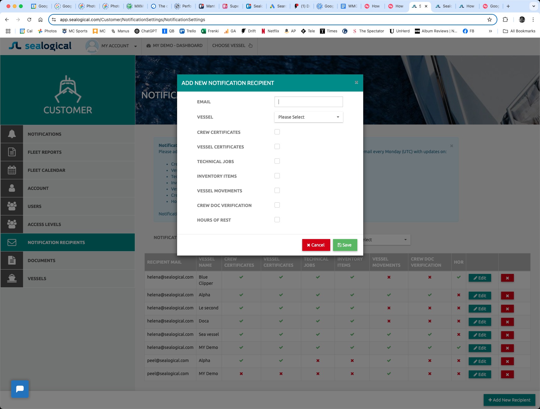Add New Notification Recipient modal showing empty Email and Vessel fields above a checklist of seven notification categories.