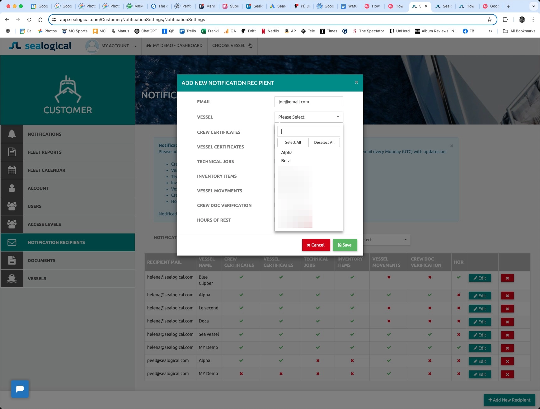 Vessel dropdown opened in the Add New Notification Recipient modal, showing a search field, Select All and Deselect All buttons, and a multi-select list of vessels.